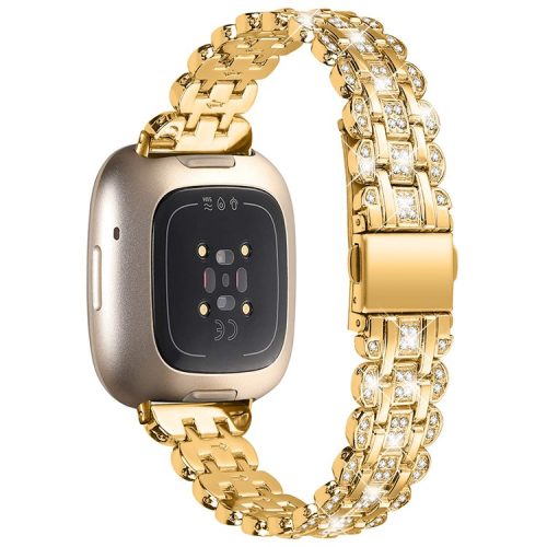 For Fitbit Versa 4 / Sense 2 Metal Wristband Rhinestone Decor Shiny Replacement Bracelet - Gold