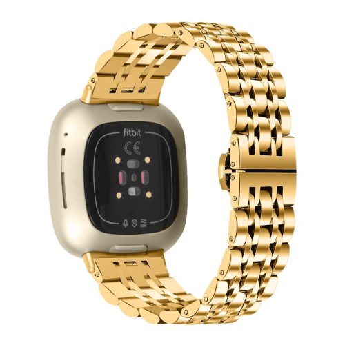 For Fitbit Sense 2 / Versa 4 Stainless Steel Watch Band Stylish 7 Beads Design Replacement Wrist Strap - Gold