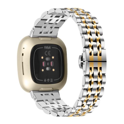 For Fitbit Sense 2 / Versa 4 Stainless Steel Watch Band Stylish 7 Beads Design Replacement Wrist Strap - Silver / Gold