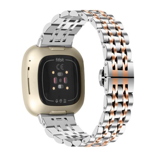 For Fitbit Sense 2 / Versa 4 Stainless Steel Watch Band Stylish 7 Beads Design Replacement Wrist Strap - Silver / Rose Gold