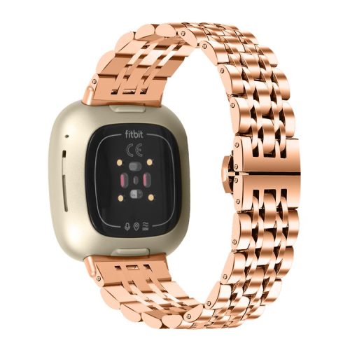 For Fitbit Sense 2 / Versa 4 Stainless Steel Watch Band Stylish 7 Beads Design Replacement Wrist Strap - Rose Gold