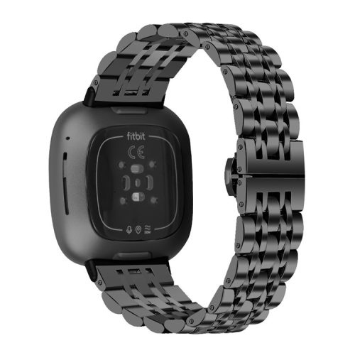 For Fitbit Sense 2 / Versa 4 Replacement Watch Band Stylish 7 Beads Stainless Steel Wrist Strap - Black