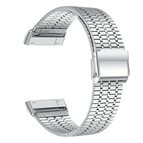 For Fitbit Versa 4 / Sense 2 Stainless Steel 7-Beads Watch Band Dual Buckle Replacement Wrist Strap - Silver