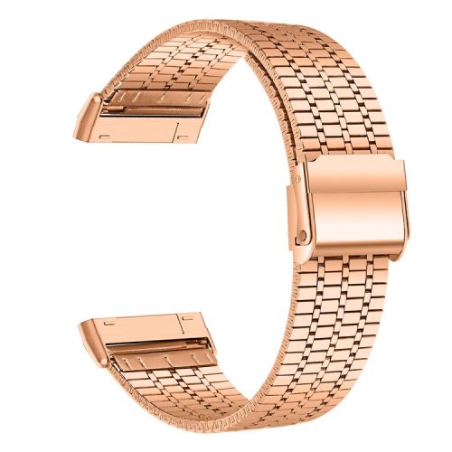 For Fitbit Versa 4 / Sense 2 Stainless Steel 7-Beads Watch Band Dual Buckle Replacement Wrist Strap - Rose Gold