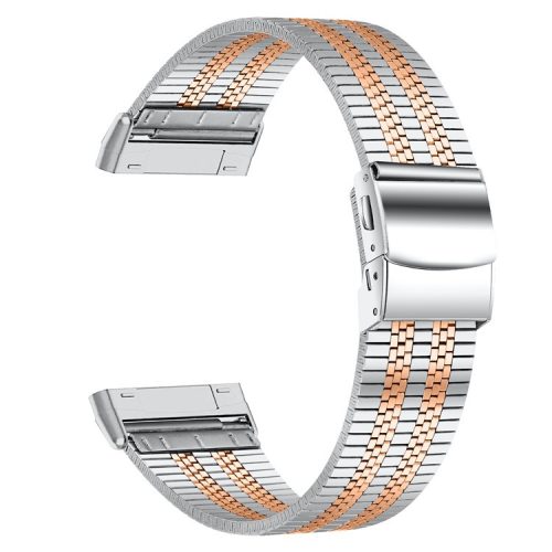 For Fitbit Versa 4 / Sense 2 Stylish 5 Beads Stainless Steel Watch Band Replacement Wrist Strap - Silver / Rose Gold