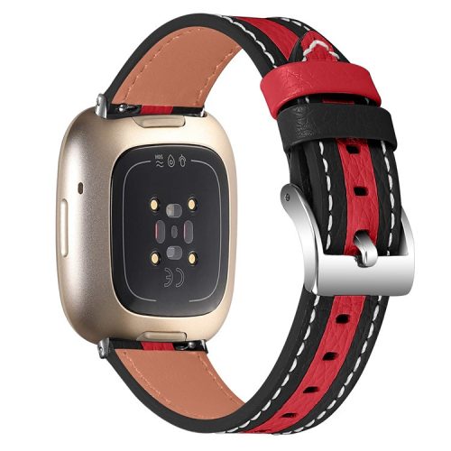 For Fitbit Versa 4 / Sense 2 Genuine Cow Leather Watch Strap Color Matching Watchband with Buckle - Black / Red