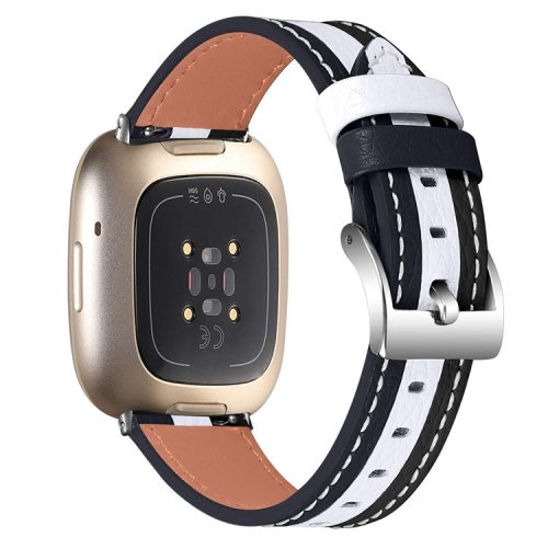 For Fitbit Versa 4 / Sense 2 Genuine Cow Leather Watch Strap Color Matching Watchband with Buckle - Black / White