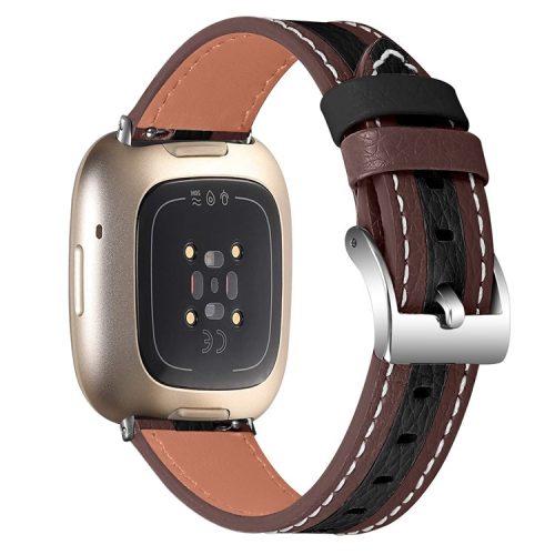 For Fitbit Versa 4 / Sense 2 Genuine Cow Leather Watch Strap Color Matching Watchband with Buckle - Brown / Black