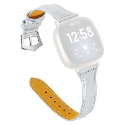 For Fitbit Versa 4 / Sense 2 Genuine Cow Leather Watch Band 20mm Slim Watch Strap - Bright Silver