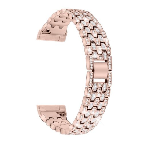 For Fitbit Versa 4 / Sense 2 Dispensing Rhinestone Decor Watch Band 5-Bead Zinc Alloy Metal Bracelet - Rose Pink  / Transparent