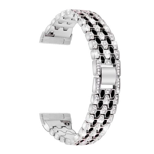 For Fitbit Versa 4 / Sense 2 Dispensing Rhinestone Decor Watch Band 5-Bead Zinc Alloy Metal Bracelet - Silver / Black