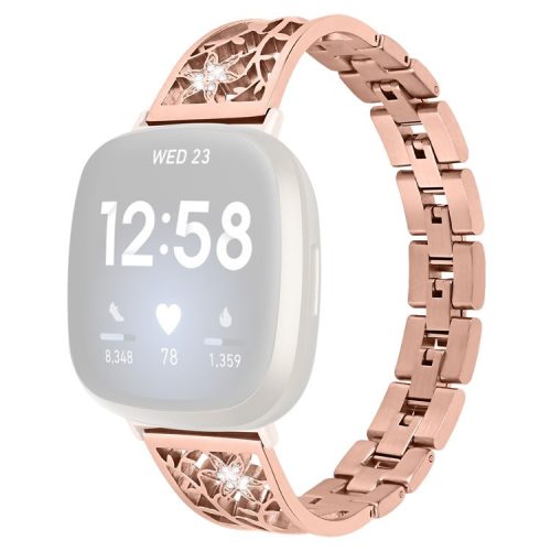 For Fitbit Versa 4 / Sense 2 Rhinestone Decor Stainless Steel Watch Strap Replacement Smartwatch Band - Rose Gold