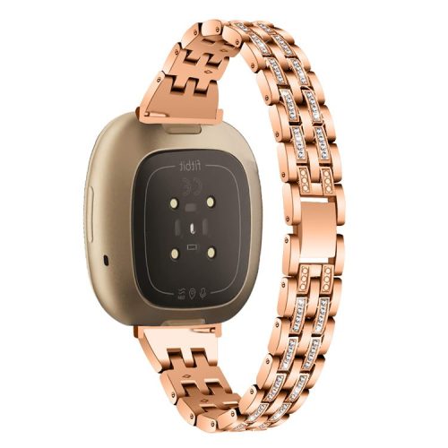 For Fitbit Versa 4 / Sense 2 Zinc Alloy 2 Rows Rhinestone Watch Strap Replacement Wrist Band - Rose Gold