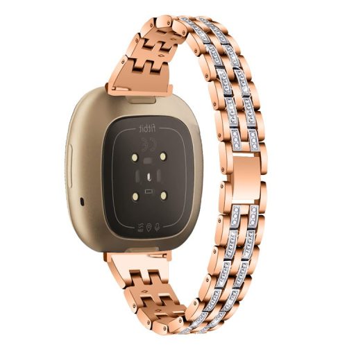 For Fitbit Versa 4 / Sense 2 Zinc Alloy 2 Rows Rhinestone Watch Strap Replacement Wrist Band - Rose Gold / Silver