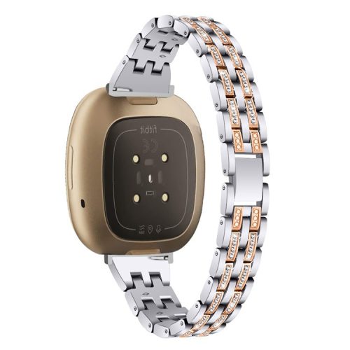 For Fitbit Versa 4 / Sense 2 Zinc Alloy 2 Rows Rhinestone Watch Strap Replacement Wrist Band - Silver / Rose Gold