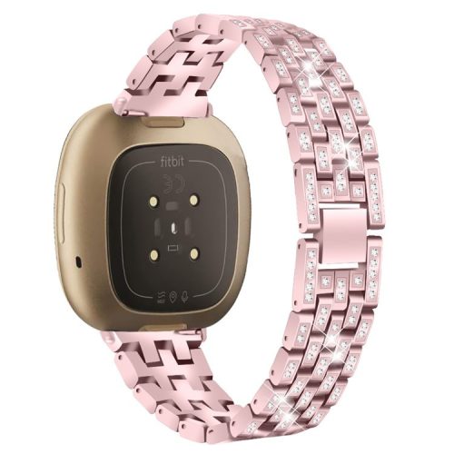 For Fitbit Versa 4 / Sense 2 Rhinestones Decor Zinc Alloy Strap Replacement Smartwatch Band - Rose Pink