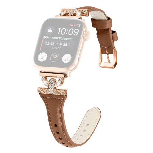 Band for Apple Watch Series 10 46mm / Ultra 2 Ultra 49mm /  Series 9 8 7 45mm / 6 5 4 SE (2023) SE (2022) SE 44mm / 3 2 1 42mm , Rhinestone Genuine Cow Leather Strap with Rose Gold Buckle - Brown