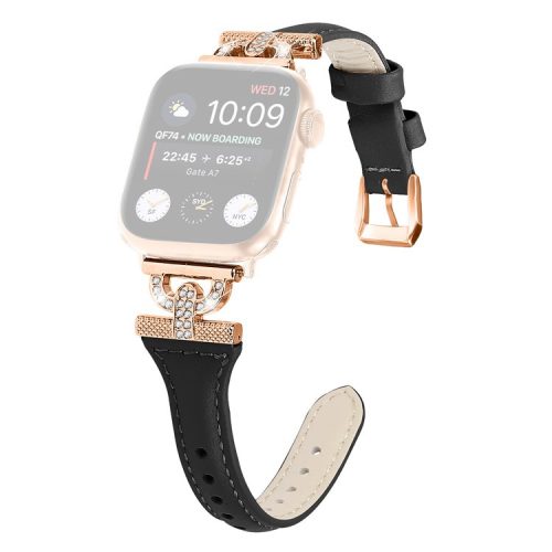 Band for Apple Watch Series 10 46mm / Ultra 2 Ultra 49mm /  Series 9 8 7 45mm / 6 5 4 SE (2023) SE (2022) SE 44mm / 3 2 1 42mm , Rhinestone Genuine Cow Leather Strap with Rose Gold Buckle - Black