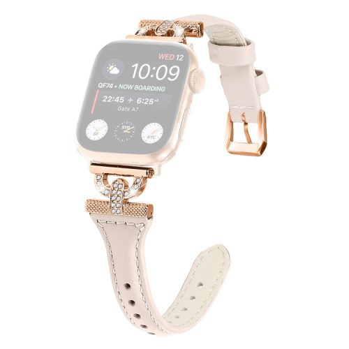 Band for Apple Watch Series 10 46mm / Ultra 2 Ultra 49mm /  Series 9 8 7 45mm / 6 5 4 SE (2023) SE (2022) SE 44mm / 3 2 1 42mm , Rhinestone Genuine Cow Leather Strap with Rose Gold Buckle - Apricot