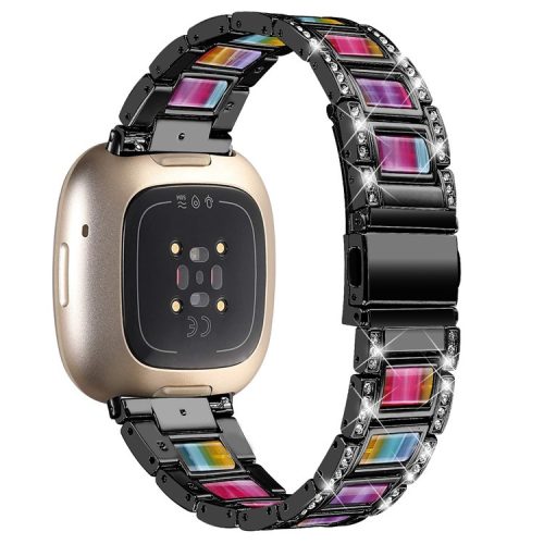 For Fitbit Versa 4 / Sense 2 Resin Watch Strap Stainless Steel Rhinestone Decor Watch Band - Black / Rainbow