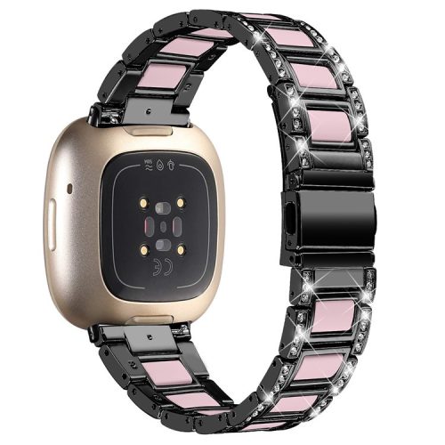 For Fitbit Versa 4 / Sense 2 Resin Watch Strap Stainless Steel Rhinestone Decor Watch Band - Black / Pink