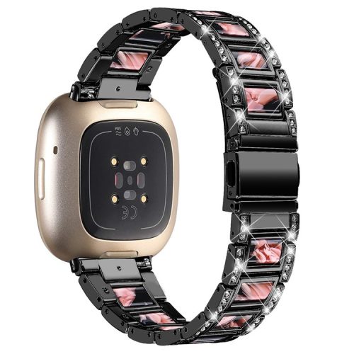 For Fitbit Versa 4 / Sense 2 Resin Watch Strap Stainless Steel Rhinestone Decor Watch Band - Black / Black Pink Mix