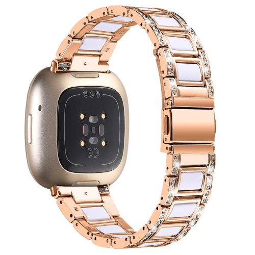 For Fitbit Versa 4 / Sense 2 Resin Watch Strap Stainless Steel Rhinestone Decor Watch Band - Rose Gold / White