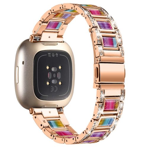 For Fitbit Versa 4 / Sense 2 Resin Watch Strap Stainless Steel Rhinestone Decor Watch Band - Rose Gold / Rainbow