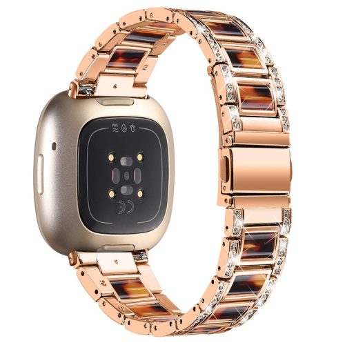 For Fitbit Versa 4 / Sense 2 Resin Watch Strap Stainless Steel Rhinestone Decor Watch Band - Rose Gold / Tortoiseshell Color