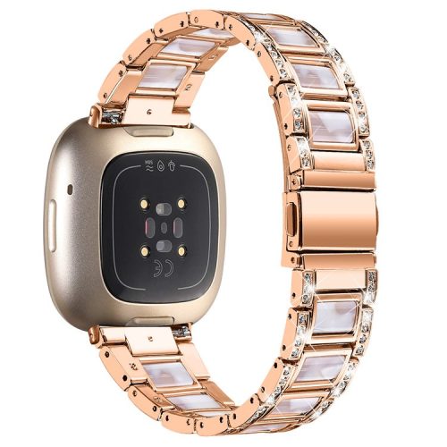 For Fitbit Versa 4 / Sense 2 Resin Watch Strap Stainless Steel Rhinestone Decor Watch Band - Rose Gold  /  Pink Mix