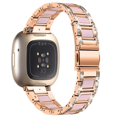 For Fitbit Versa 4 / Sense 2 Resin Watch Strap Stainless Steel Rhinestone Decor Watch Band - Rose Gold / Pink