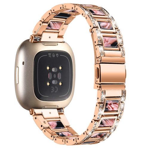 For Fitbit Versa 4 / Sense 2 Resin Watch Strap Stainless Steel Rhinestone Decor Watch Band - Rose Gold / Black Pink Mix