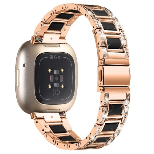 For Fitbit Versa 4 / Sense 2 Resin Watch Strap Stainless Steel Rhinestone Decor Watch Band - Rose Gold / Black