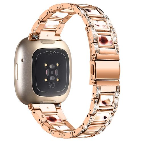 For Fitbit Versa 4 / Sense 2 Resin Watch Strap Stainless Steel Rhinestone Decor Watch Band - Rose Gold / Nougat Pattern