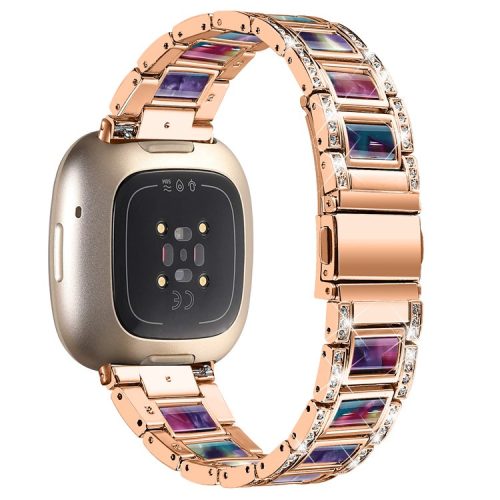 For Fitbit Versa 4 / Sense 2 Resin Watch Strap Stainless Steel Rhinestone Decor Watch Band - Rose Gold / Purple Green Mix