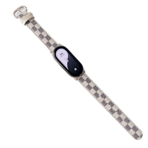 Replacement Watch Band for Xiaomi Mi Band 9 NFC / Mi Band 9 / Smart Band 8 NFC / Smart Band 8 Genuine Cow Leather Grids Pattern Watch Strap - White