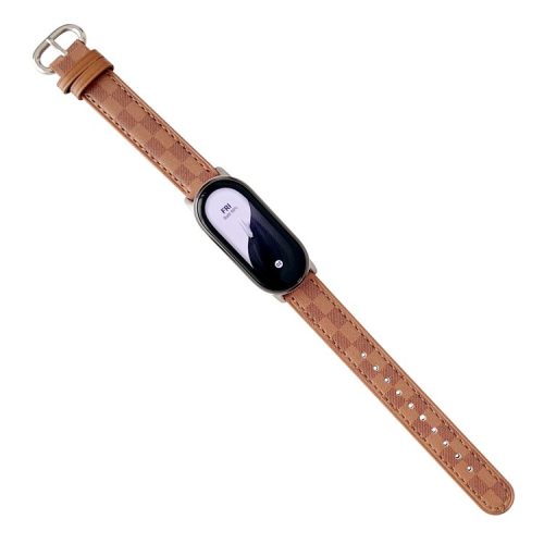 Replacement Watch Band for Xiaomi Mi Band 9 NFC / Mi Band 9 / Smart Band 8 NFC / Smart Band 8 Genuine Cow Leather Grids Pattern Watch Strap - Brown