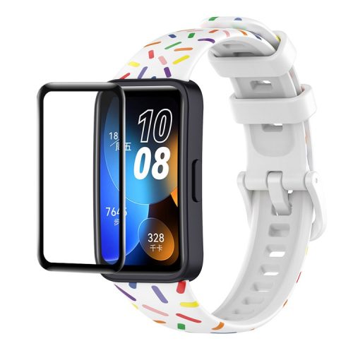 ENKAY HAT PRINCE For Huawei Band 8 / Band 8 NFC / Band 9 / Band 9 NFC Printed Silicone Watch Band with Soft PC Edge PMMA Screen Film - White