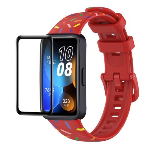 ENKAY HAT PRINCE For Huawei Band 8 / Band 8 NFC / Band 9 / Band 9 NFC Printed Silicone Watch Band with Soft PC Edge PMMA Screen Film - Red