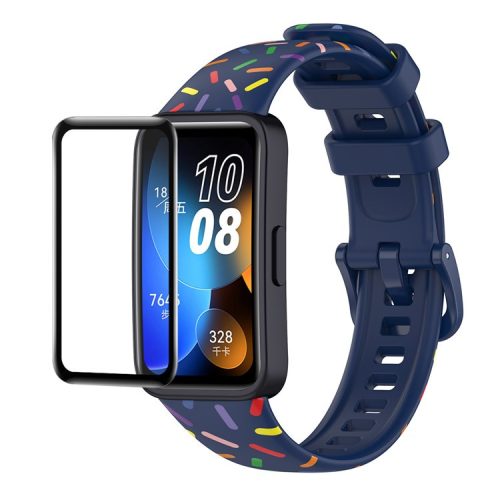 ENKAY HAT PRINCE For Huawei Band 8 / Band 8 NFC / Band 9 / Band 9 NFC Printed Silicone Watch Band with Soft PC Edge PMMA Screen Film - Blue