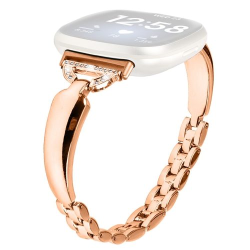 For Fitbit Versa 3 / Sense Copper Watch Band D-shaped Rhinestone Decor Bracelet Strap - Rose Gold