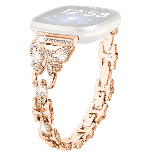 For Fitbit Versa 4 / Sense 2 Bling Watch Band Stainless Steel Butterfly Rhinestone Decor Strap - Rose Gold