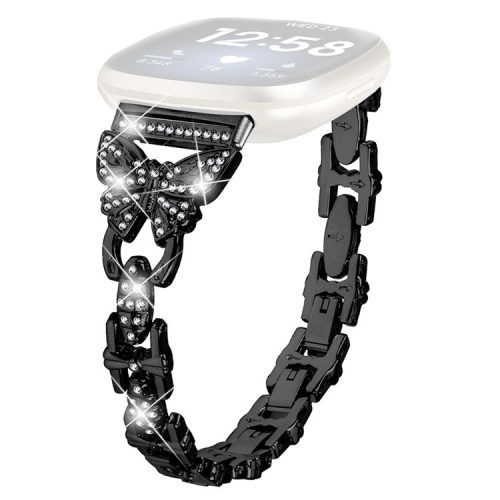 For Fitbit Versa 3 / Sense Stainless Steel Bracelet Butterfly Rhinestone Decor Watch Band - Black