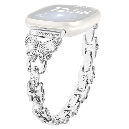 For Fitbit Versa 3 / Sense Stainless Steel Bracelet Butterfly Rhinestone Decor Watch Band - Silver