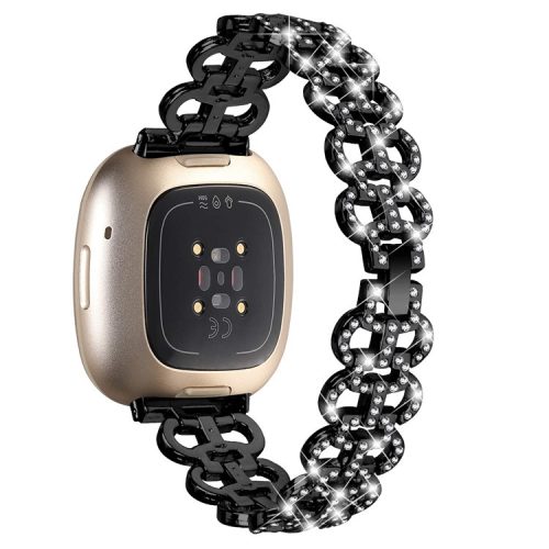 For Fitbit Versa 3 / Sense Rhinestones Decor Zinc Alloy Replace Strap Gourd Shape Watch Band - Black