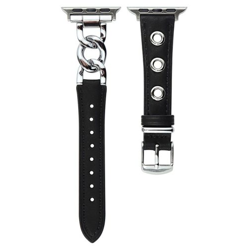 Watch Strap for Apple Watch Series 10 42mm / 9 8 7 41mm / SE (2023) SE (2022) SE 6 5 4 40mm / 3 2 1 38mm Watch Band Genuine Cow Leather Chain Hole Strap - Black+Silver Buckle