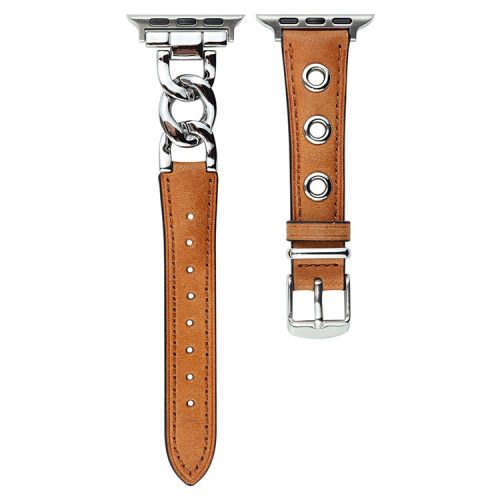 Watch Strap for Apple Watch Series 10 42mm / 9 8 7 41mm / SE (2023) SE (2022) SE 6 5 4 40mm / 3 2 1 38mm Watch Band Genuine Cow Leather Chain Hole Strap - Brown+Silver Buckle