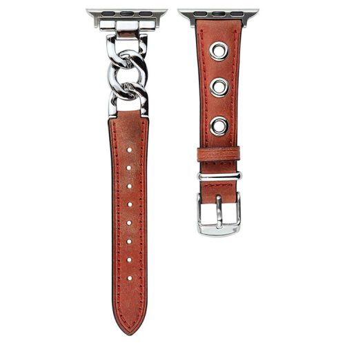 Watch Strap for Apple Watch Series 10 42mm / 9 8 7 41mm / SE (2023) SE (2022) SE 6 5 4 40mm / 3 2 1 38mm Watch Band Genuine Cow Leather Chain Hole Strap - Brick Red+Silver Buckle