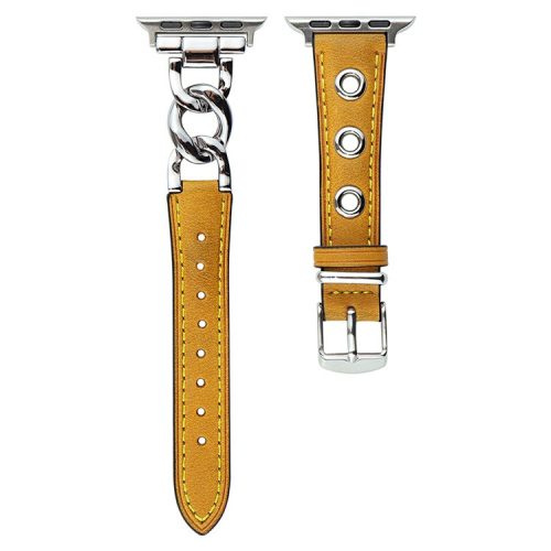 Watch Strap for Apple Watch Series 10 42mm / 9 8 7 41mm / SE (2023) SE (2022) SE 6 5 4 40mm / 3 2 1 38mm Watch Band Genuine Cow Leather Chain Hole Strap - Yellow+Silver Buckle