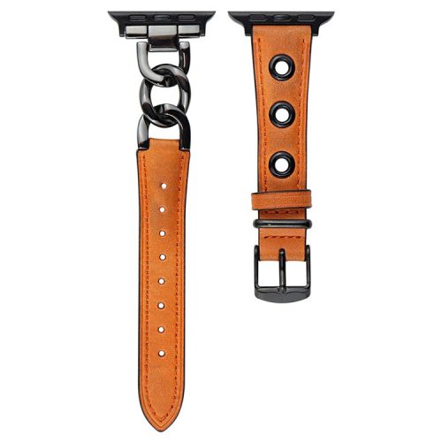 Watch Strap for Apple Watch Series 10 42mm / 9 8 7 41mm / SE (2023) SE (2022) SE 6 5 4 40mm / 3 2 1 38mm Watch Band Genuine Cow Leather Chain Hole Strap - Orange+Black Buckle